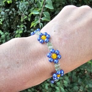 Handmade Blue and Yellow Floral Beaded Bracelet